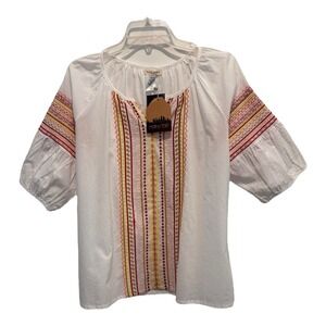 Main Strip White Embroidered Peasant Blouse Top Boho Puff Sleeve Cotton‎ M NWT